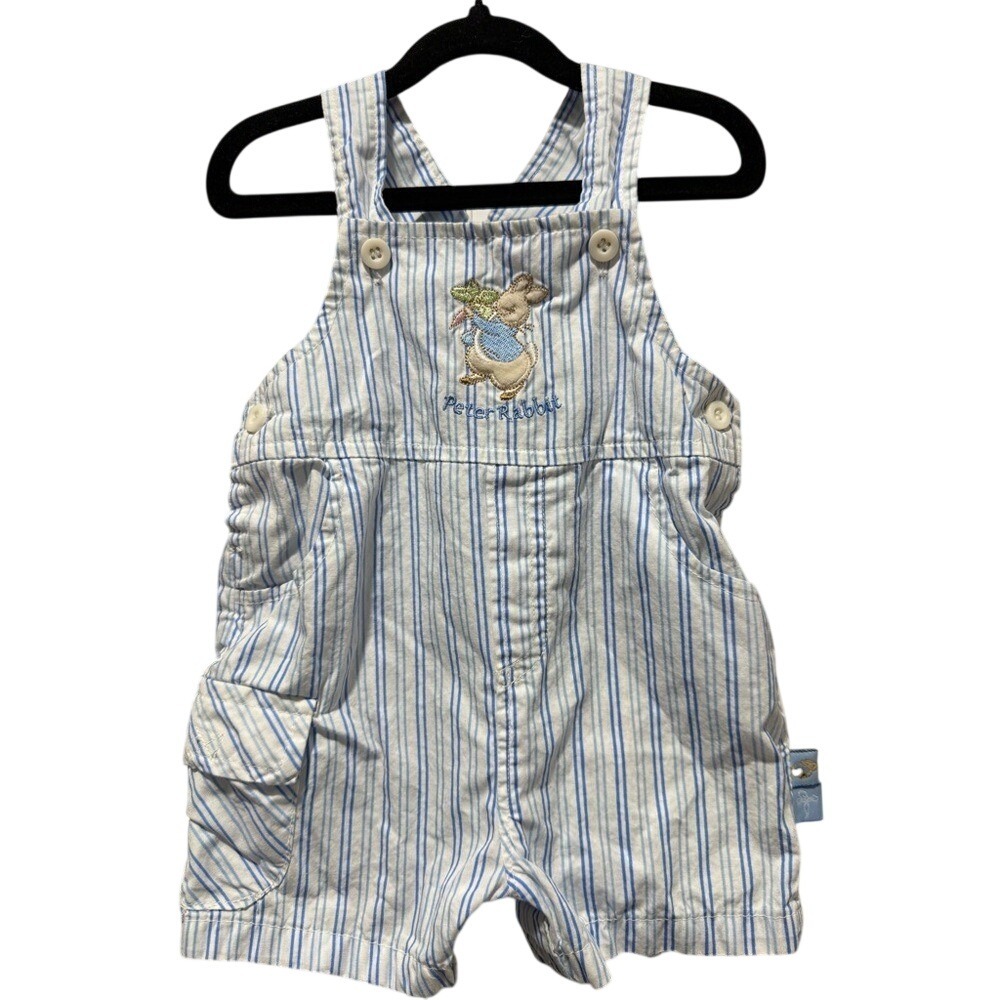 Vintage Y2K Peter Rabbit Blue Striped Overalls Easter bunny boys short 3-6 month